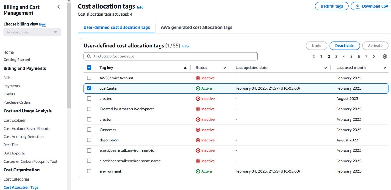 AWS Billing console showing cost allocation tag management with filtering and activation controls