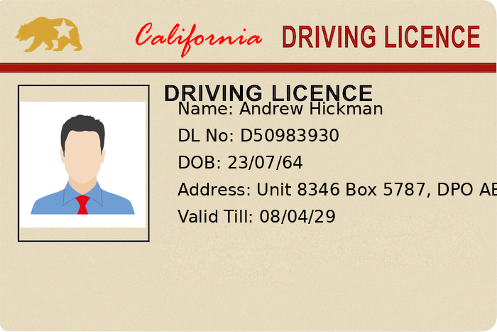 Mock California driver's license displaying layout, bear logo, and basic information fields with placeholder data