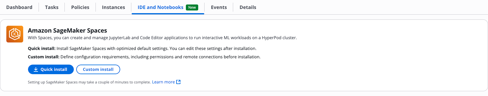 Screenshot of the SageMaker console with IDE and Notebooks selected