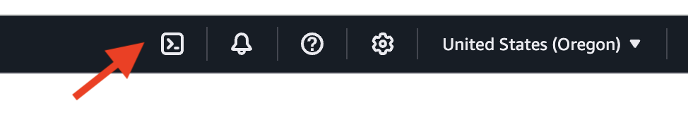 AWS Navigation bar with CloudShell icon highlighted by red arrow