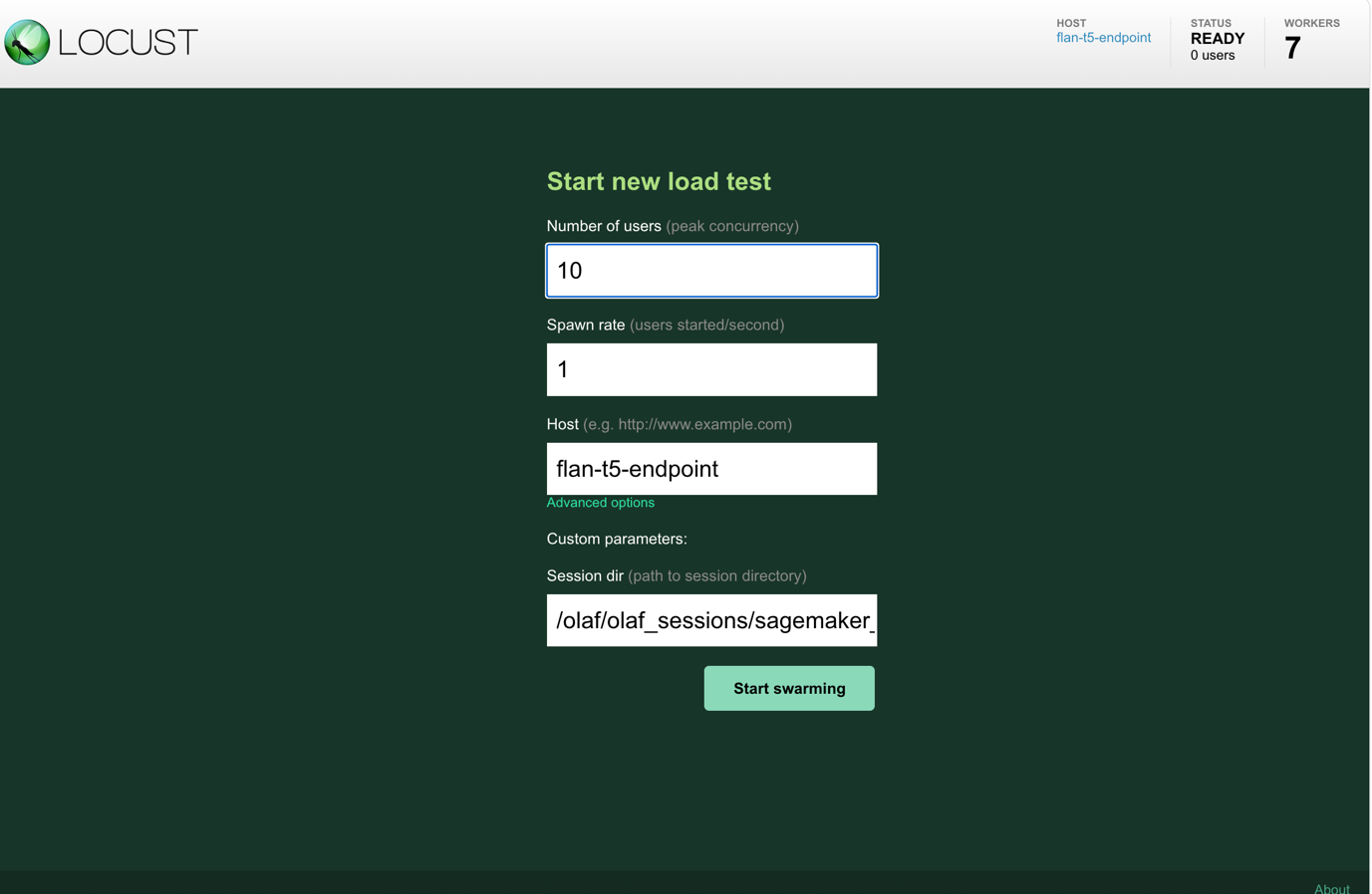 OLAF Locust interface configured for SageMaker endpoint load testing with 10 users and custom parameters