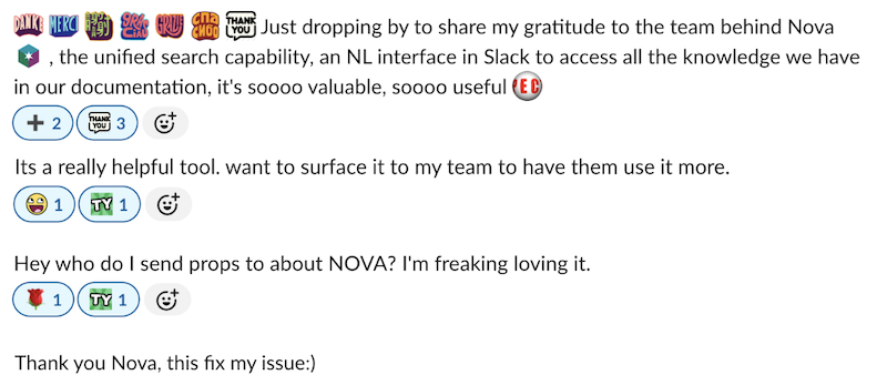 A series of Slack messages showing user feedback about New Relic NOVA. The first message includes six colorful emoji reactions (fire, rocket, party hat, heart, sparkle, and star) followed by text expressing gratitude to the New Relic NOVA team, describing it as a unified search capability with natural language interface in Slack. The message includes a hexagonal New Relic NOVA logo icon and ends with a red 