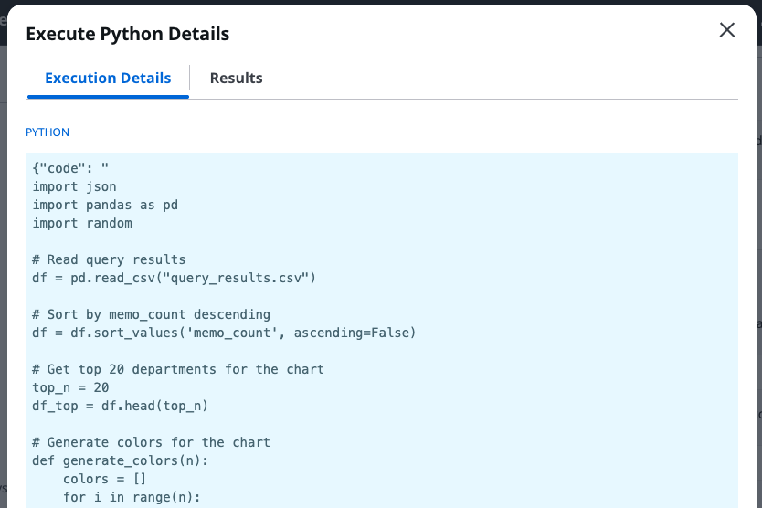 Modal dialog displaying a Python code window showing data processing script for sorting and visualizing top 20 departments