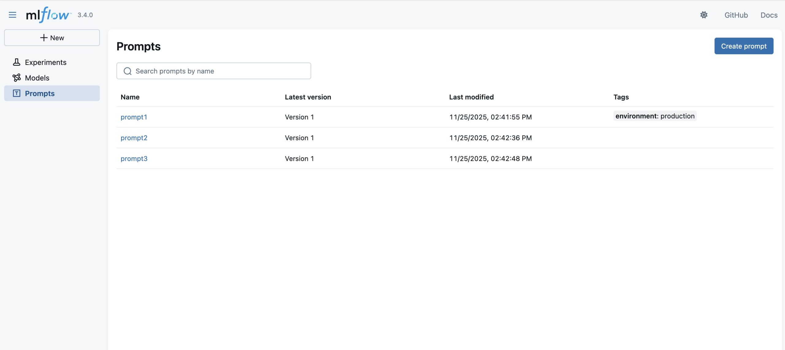 Figure 5: MLflow user interface, landing page after migration