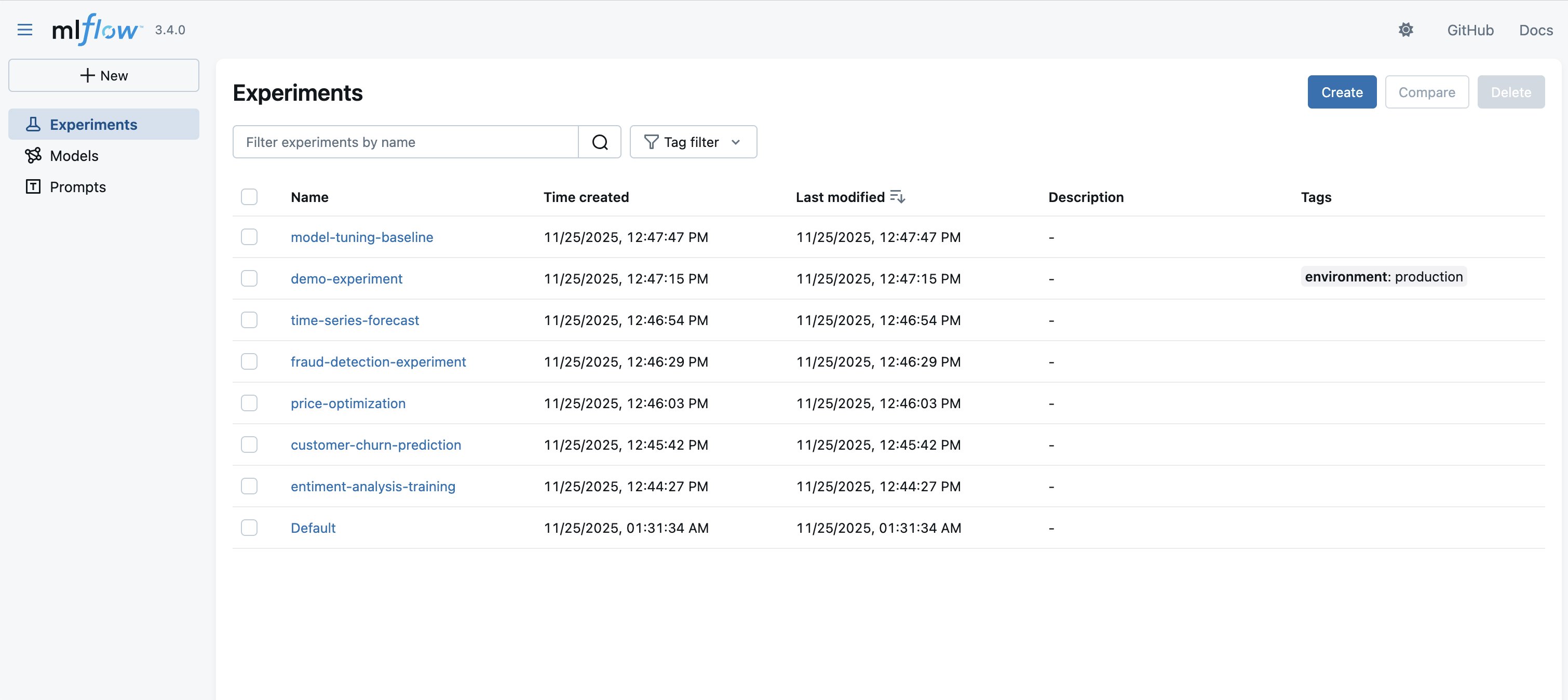 Figure 4: Experiments stored in MLflow