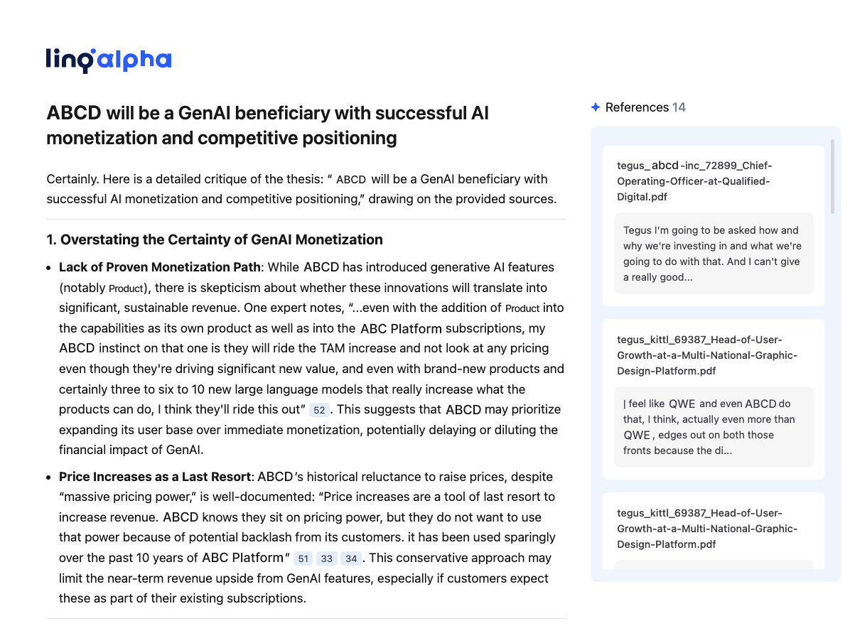 The LinqAlpha interface produces a detailed answer presenting the evidence for and against the thesis.