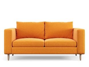 Modern two-seater sofa upholstered in burnt orange fabric with wooden tapered legs, featuring clean mid-century design lines and cushioned armrests on white background