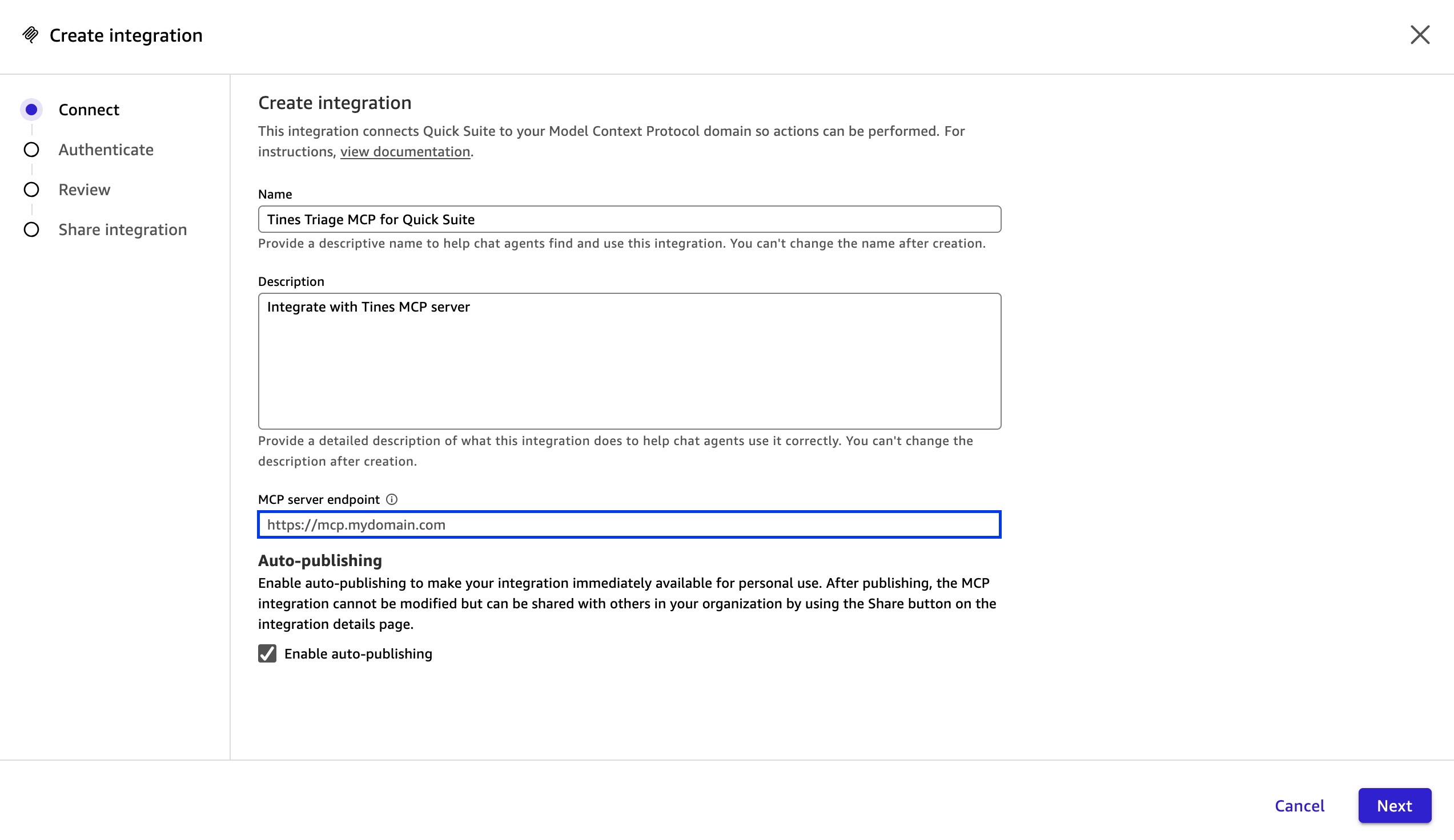 Create integration dialog for Tines Triage MCP in QuickSuite, showing configuration fields for integration name, description, MCP server endpoint URL, and auto-publishing settings to enable security case automation