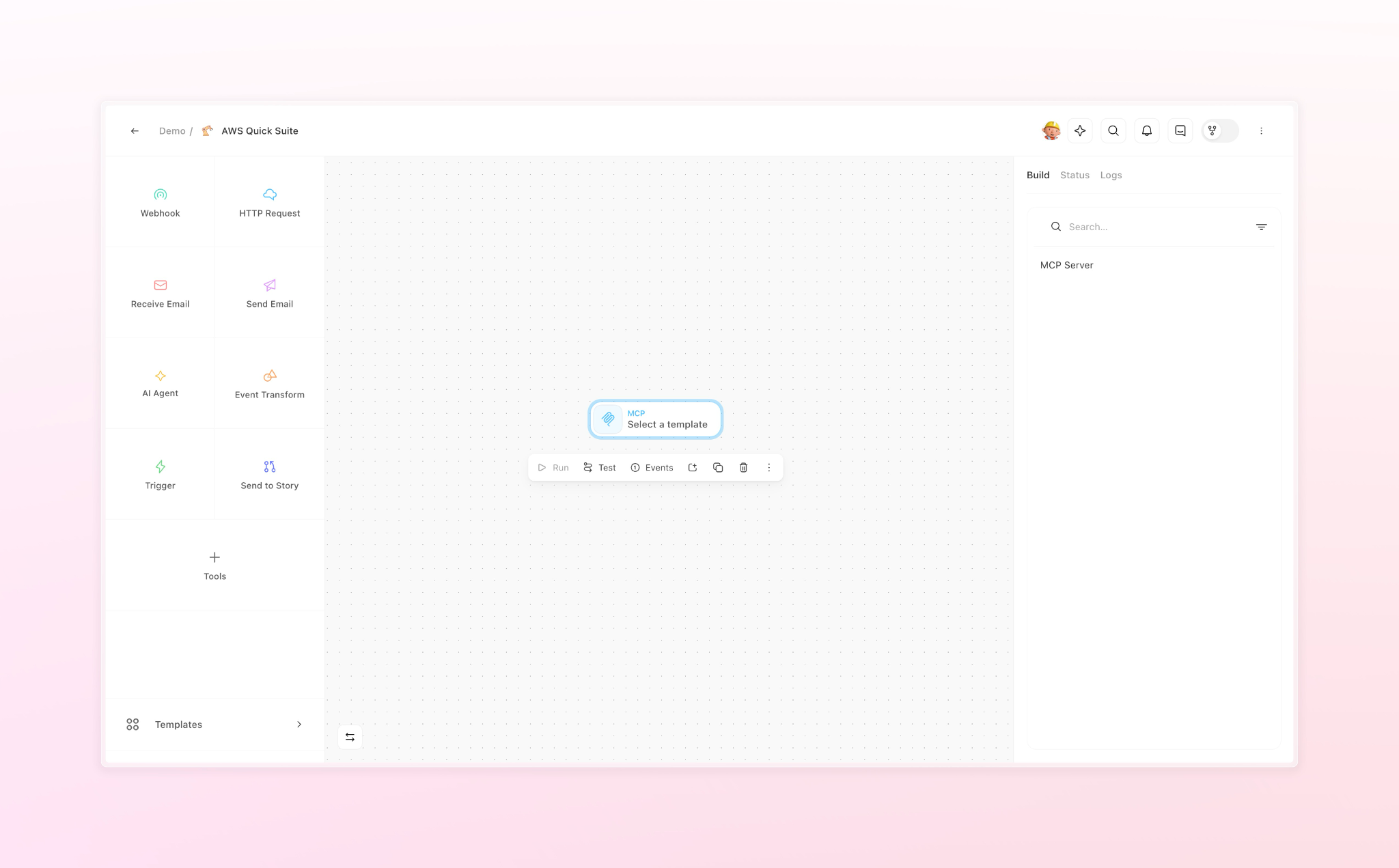 AWS Quick Suite workflow builder interface showing integration modules including Webhook, HTTP Request, Email, AI Agent, and other automation tools with a central template selection area