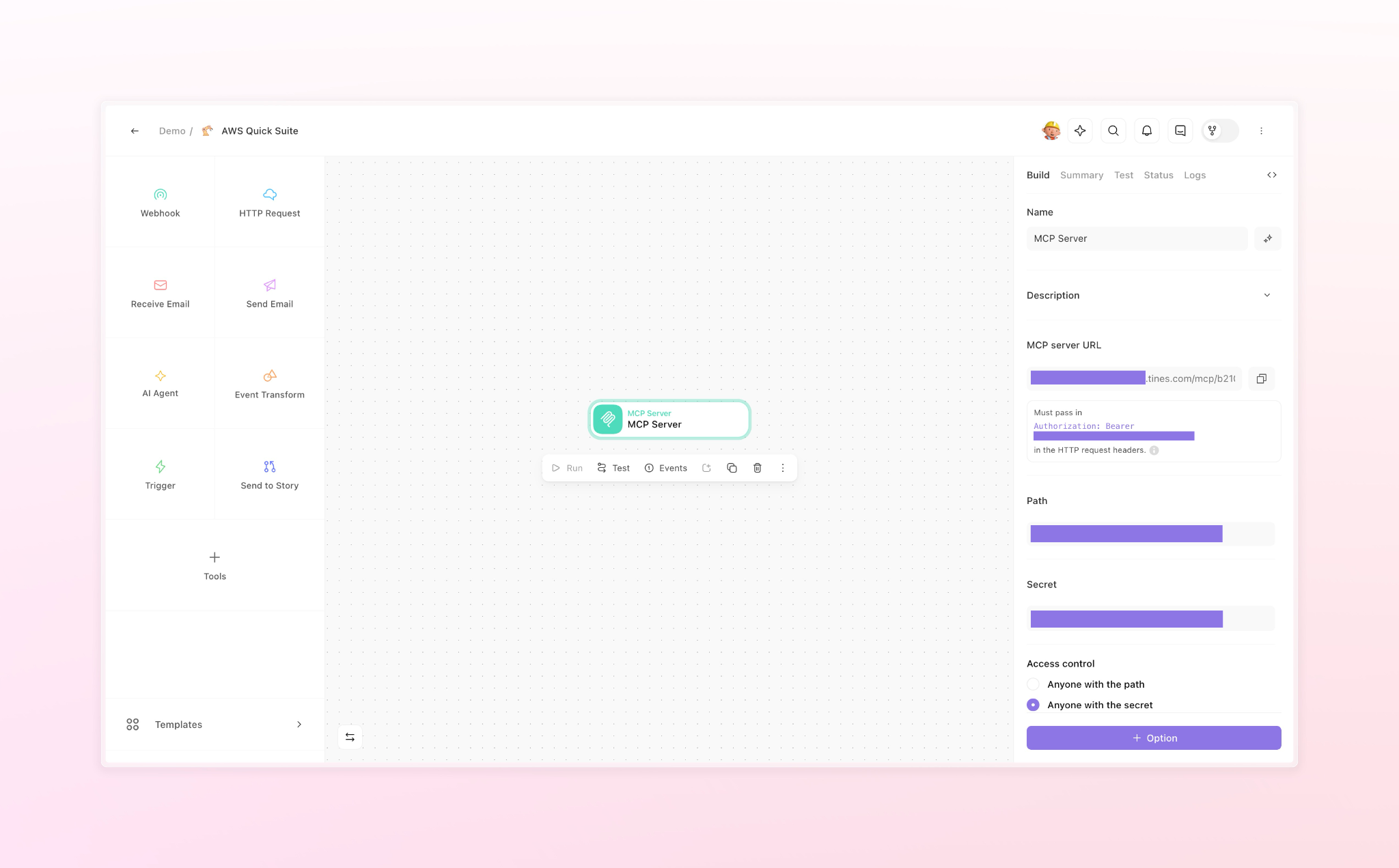 This screenshot displays the AWS Quick Suite workflow builder interface, showing the configuration panel for integrating an MCP (Model Context Protocol) Server into an automated workflow