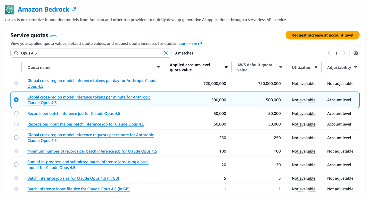 Amazon Bedrock Service Quotas page for Global CRIS inference profiles