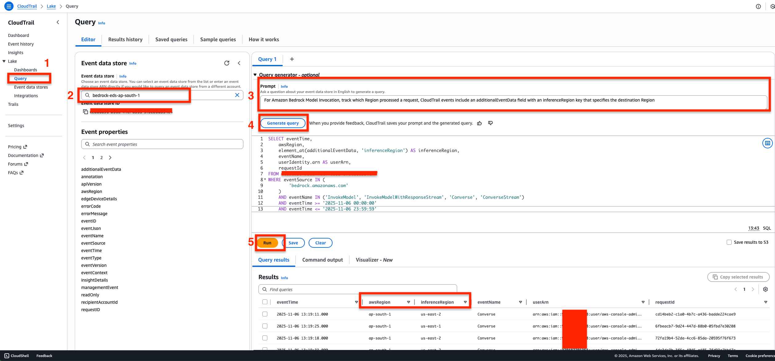 AWS CloudTrail Lake Query Editor showing a natural language query generator and a generated SQL query that retrieves Amazon Bedrock model invocation events including inferenceRegion from additionalEventData, with sample query results displayed.