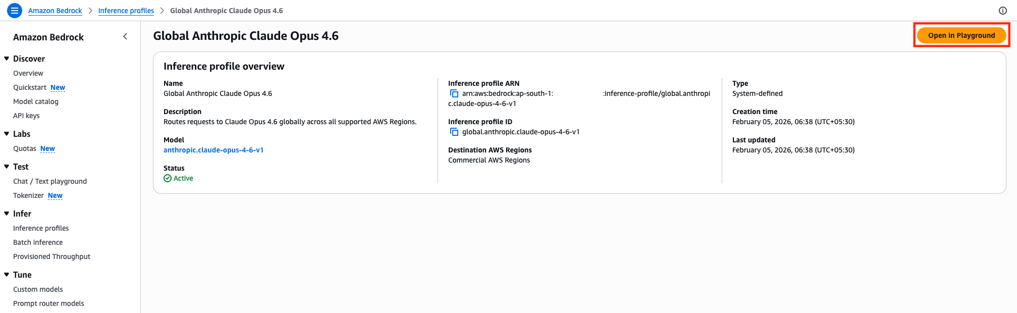 Amazon Bedrock Inference Profile Overview page for Global Anthropic Claude Opus 4.6, showing its status as Active, inference profile ID, system-defined type, and availability across all Commercial AWS Regions.