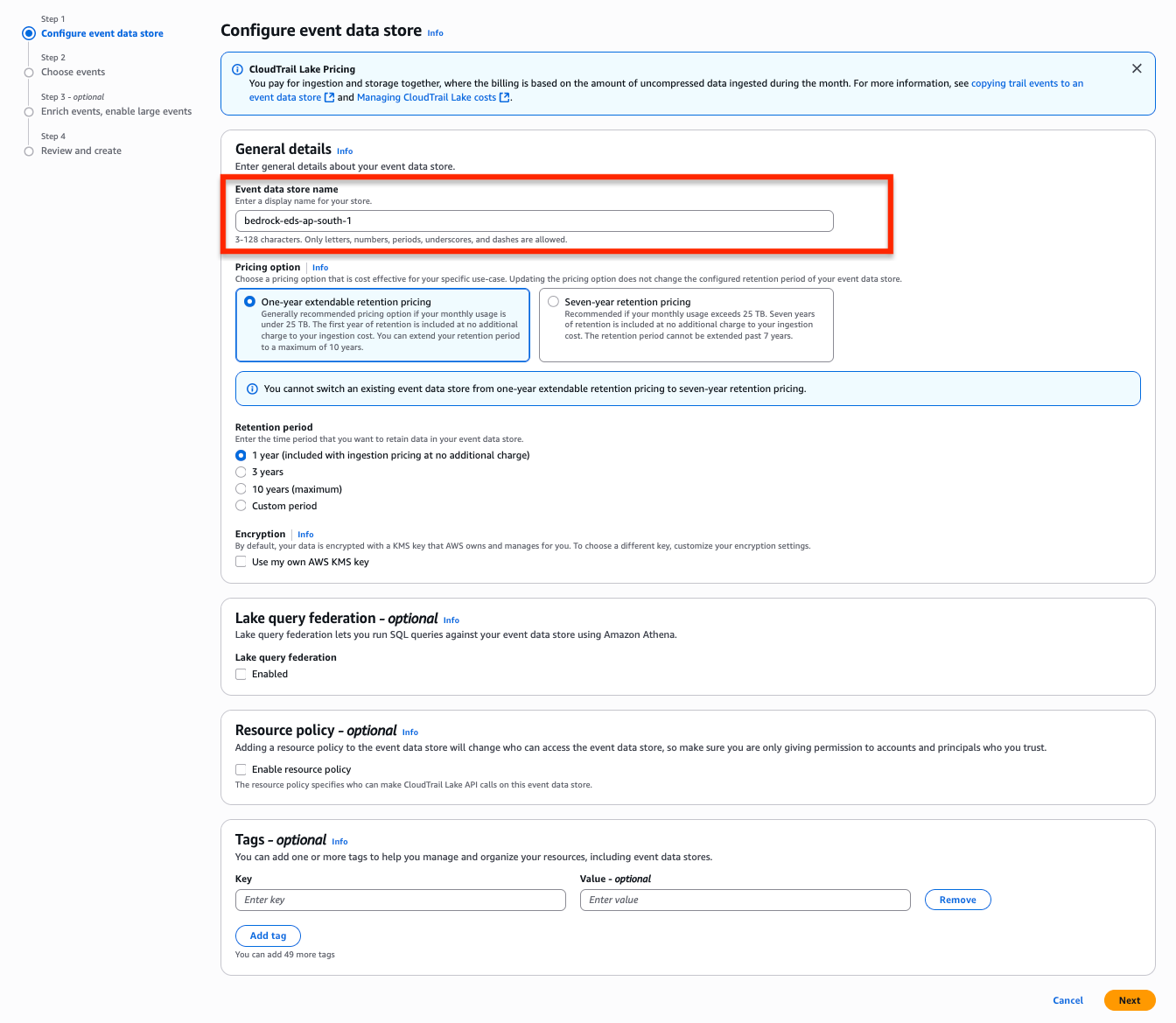 AWS CloudTrail Lake event data store setup wizard Step 1, showing configuration fields for store name, pricing option (one-year extendable retention selected), retention period (1 year), encryption, Lake query federation, resource policy, and tags.