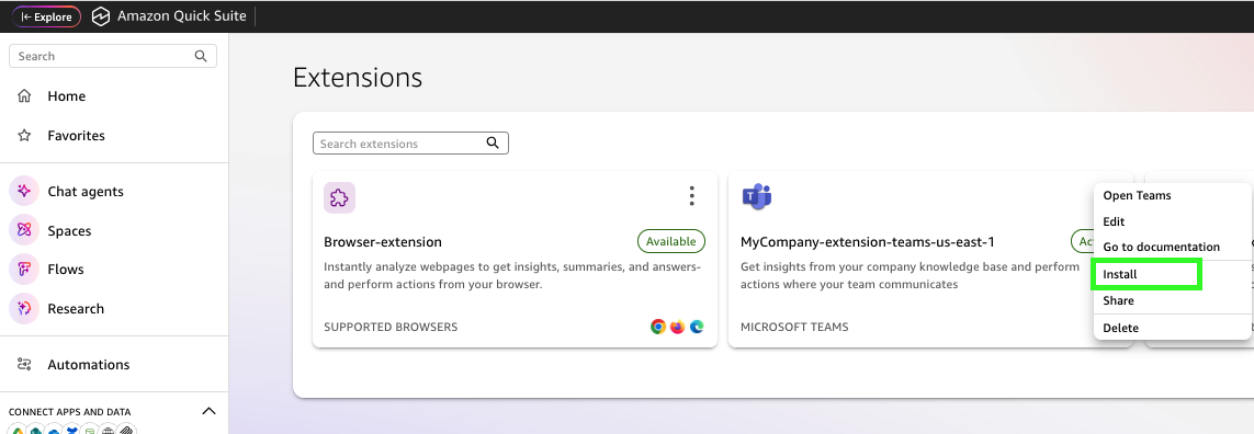 Amazon Quick Extensions page showing Browser-extension marked "Available" for Chrome, Firefox, and Edge, and MyCompany-extension-teams-us-east-1 for Microsoft Teams marked "Available", with context menu showing Install option highlighted in green.
