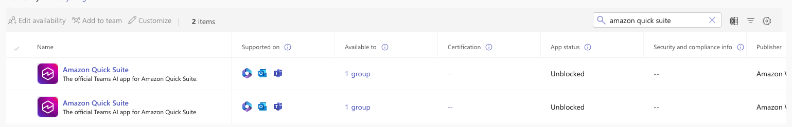 Microsoft Teams admin center Manage Apps search results showing two Amazon Quick app entries, both unblocked and available to 1 group, supported on multiple Microsoft platforms, published by Amazon.