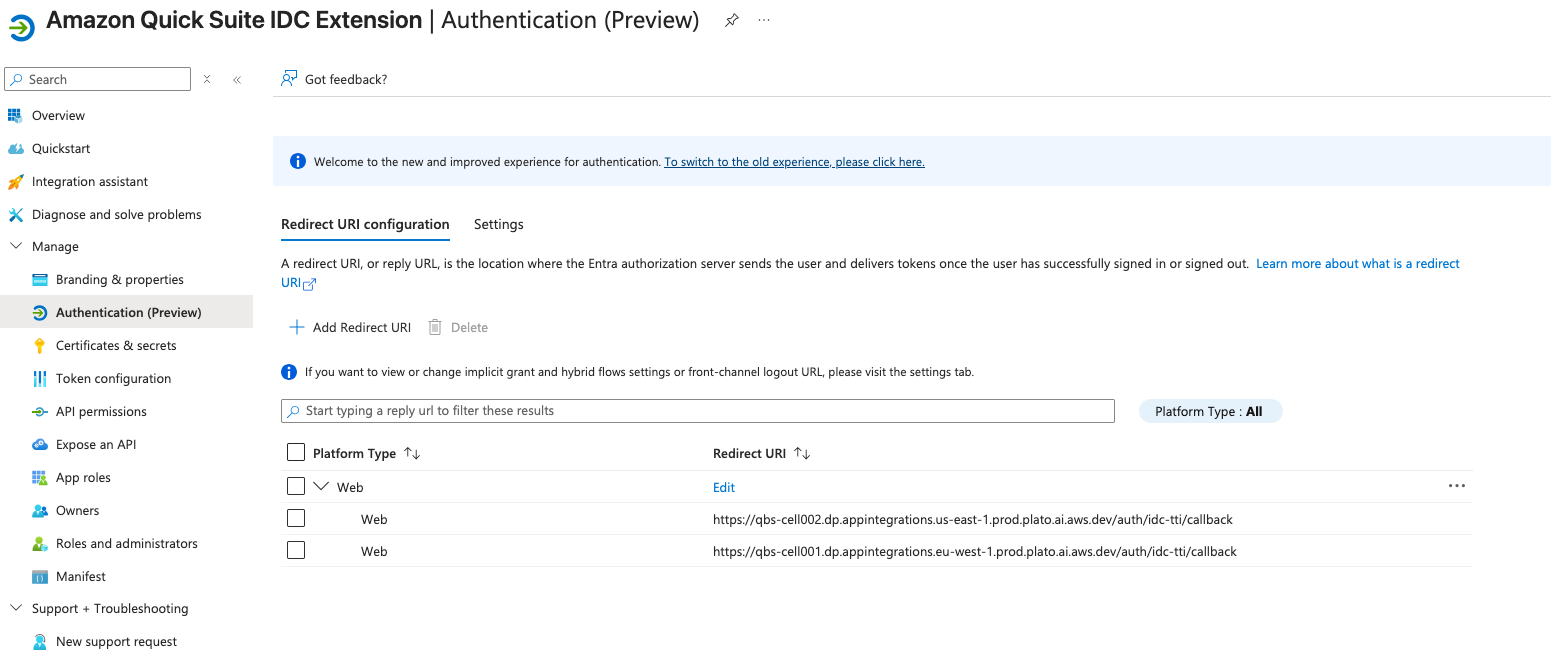 Amazon Quick IDC Extension Authentication configuration panel showing the Redirect URI configuration tab with two Web-type callback URLs for AWS regions us-east-1 and eu-west-1.
