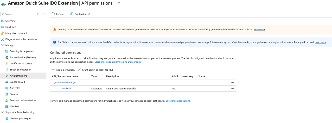 Amazon Quick IDC Extension API permissions panel showing Microsoft Graph delegated permission User.Read configured with "No" admin consent requirement.