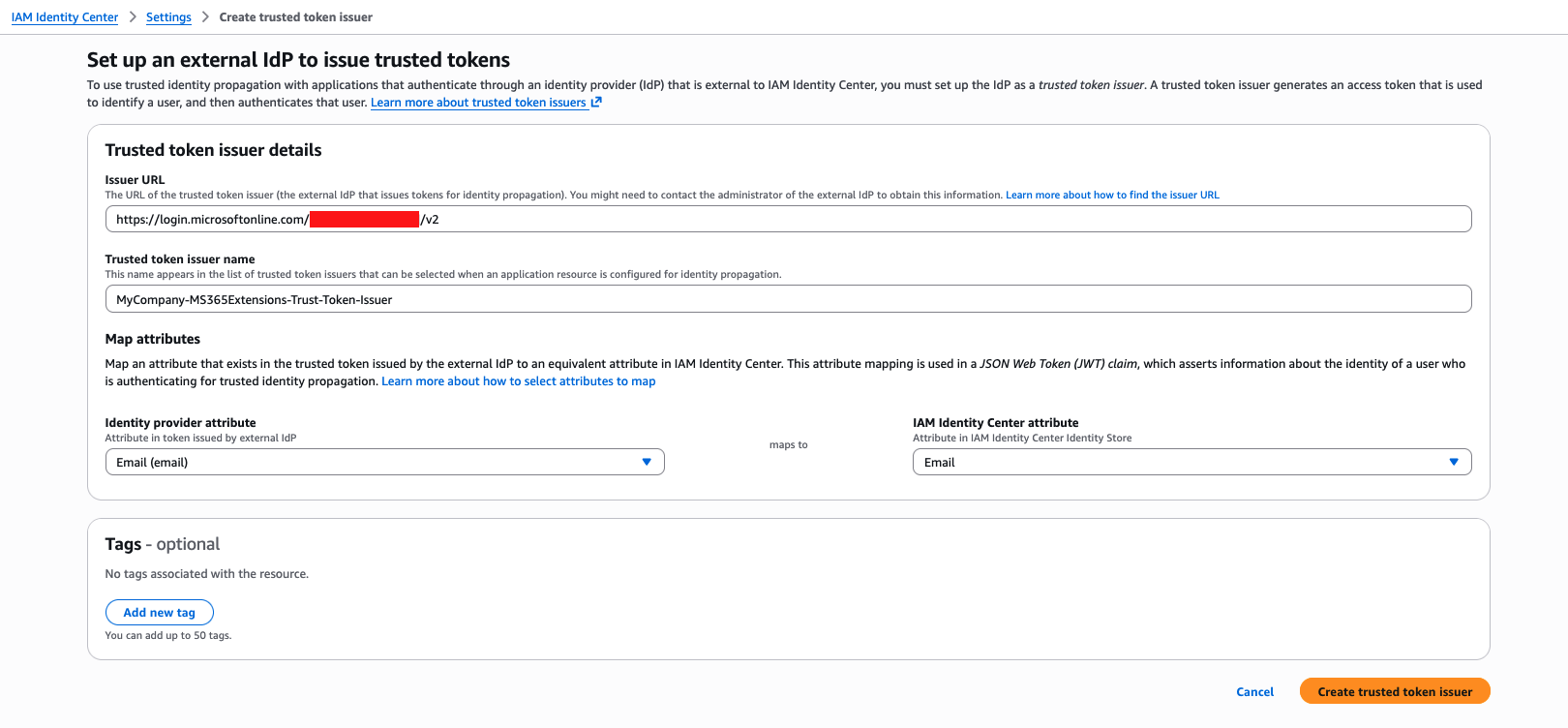 AWS IAM Identity Center form for creating a trusted token issuer with Microsoft Entra ID login URL, issuer name "MyCompany-MS365Extensions-Trust-Token-Issuer", and email-to-email attribute mapping for JWT identity propagation.