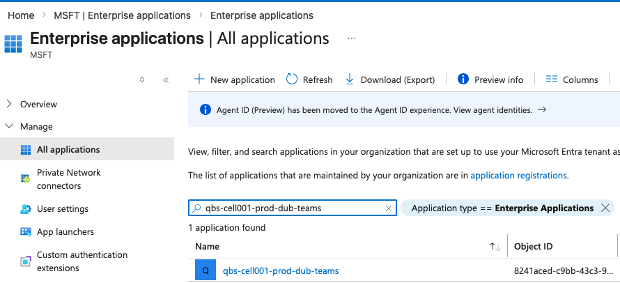 Microsoft Entra Enterprise applications admin portal showing search results for "qbs-cell001-prod-dub-teams" with one matching application found and its Object ID displayed.