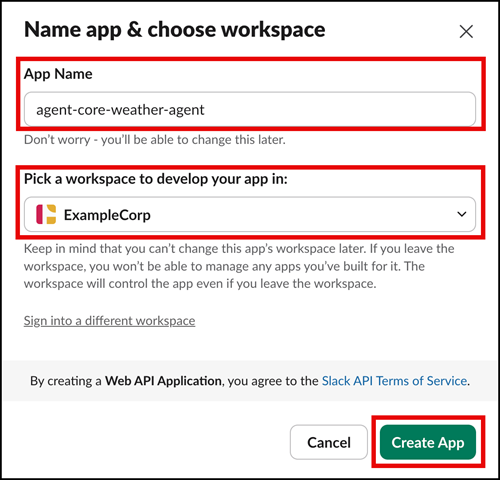 AgentCore Slack Name app and choose workspace