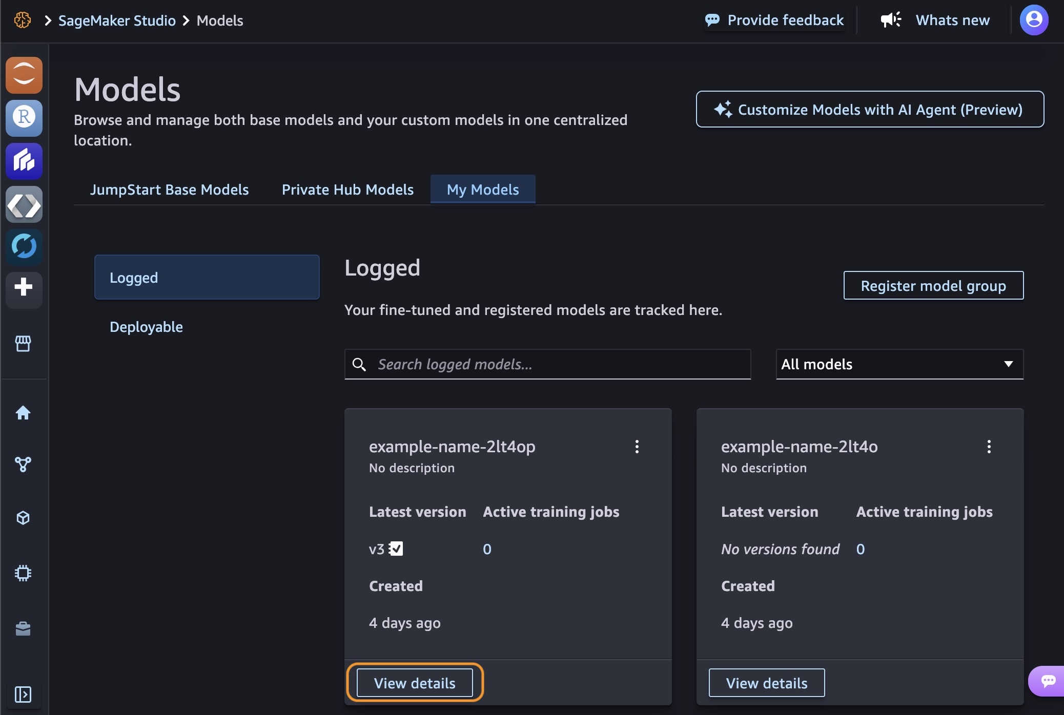 Amazon SageMaker Studio My Models page showing the Logged tab with two fine-tuned model cards: example-name-2lt4op at version v3 and example-name-2lt4o with no versions found, both created 4 days ago with View details buttons.