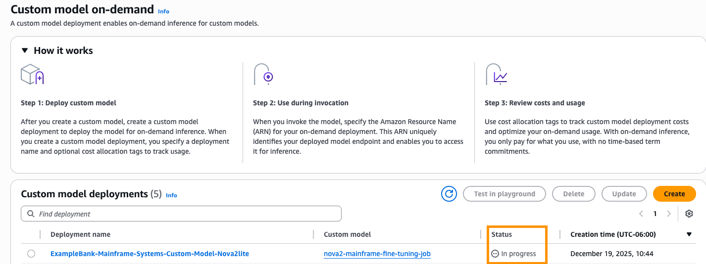 Custom model on-demand deployment interface showing a three-step workflow and a table of model deployments with status tracking