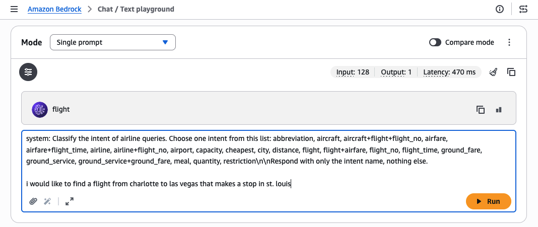 Screenshot of the Amazon Bedrock Chat/Text Playground interface demonstrating an airline query intent classification system with performance metrics and a sample user query.