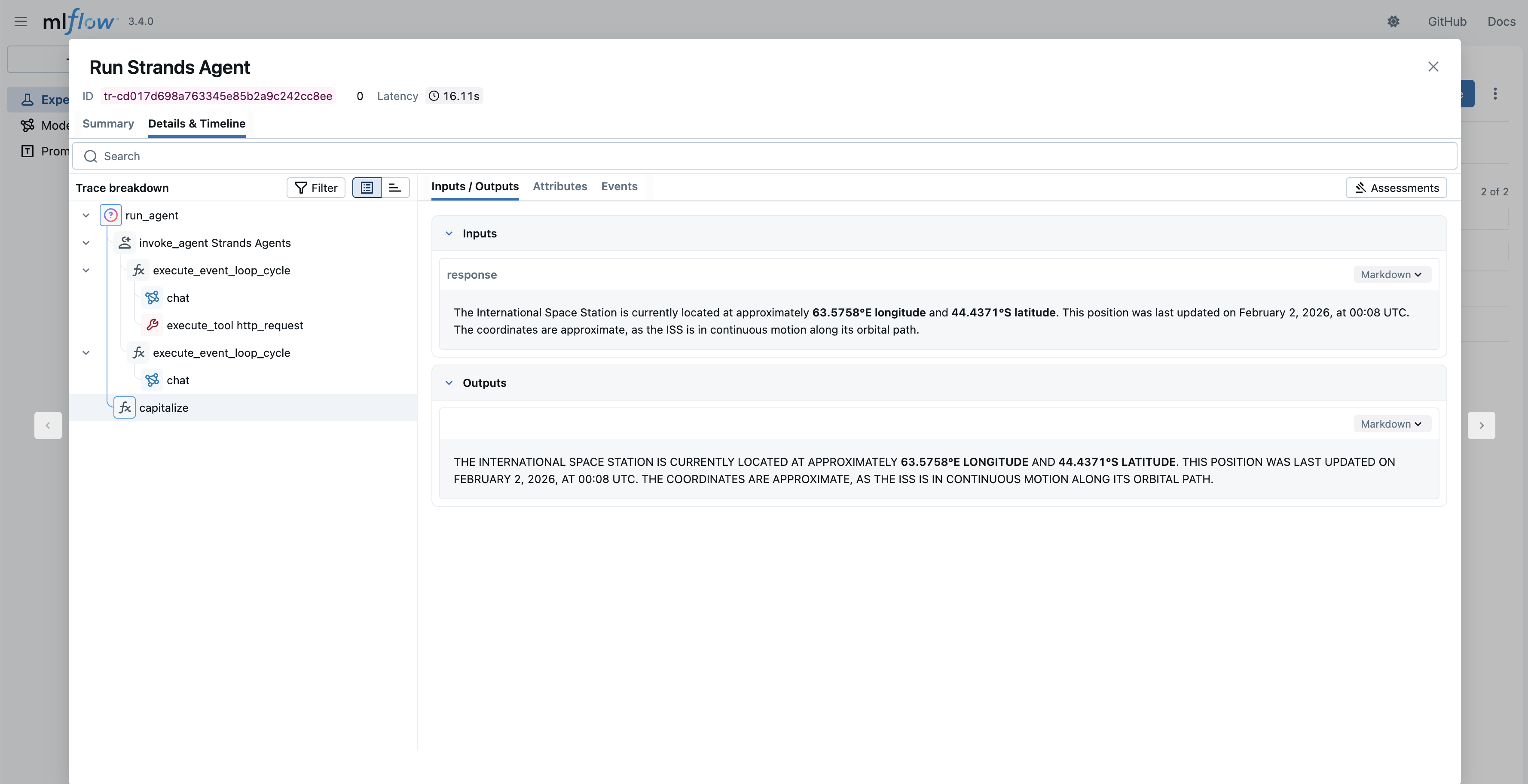 MLflow run_agent trace showing ISS location data processing with capitalization transformation, 16.11-second execution time