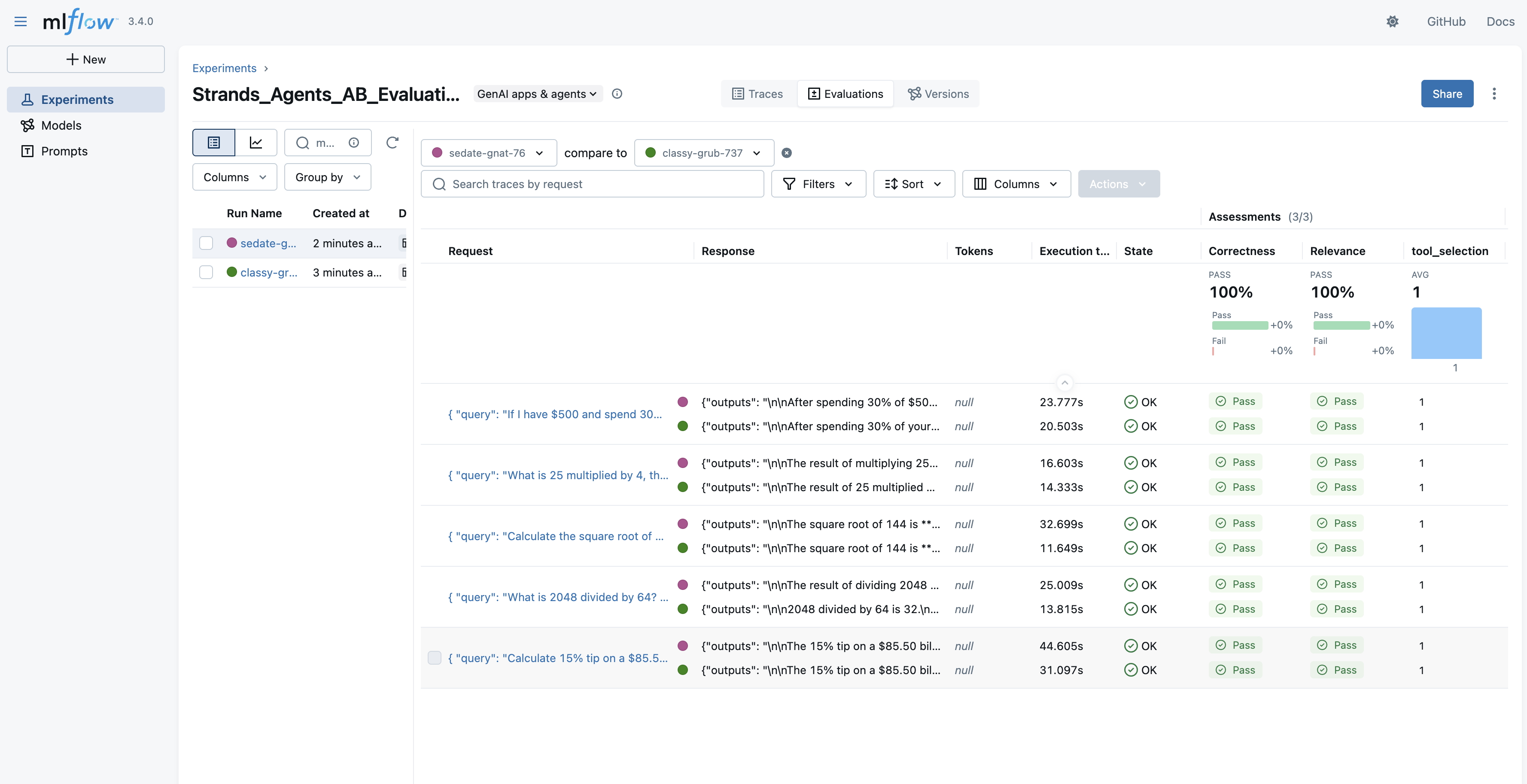 MLflow 3.4.0 A/B testing comparison showing two agent variants with 100% correctness and relevance scores across mathematical query tests
