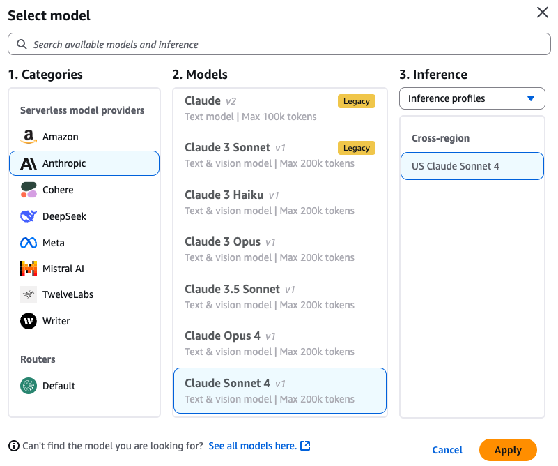 AWS Bedrock Select Model dialog showing Anthropic provider selected with Claude model variants including Claude Sonnet 4, inference profile configuration, and cross-region deployment settings.