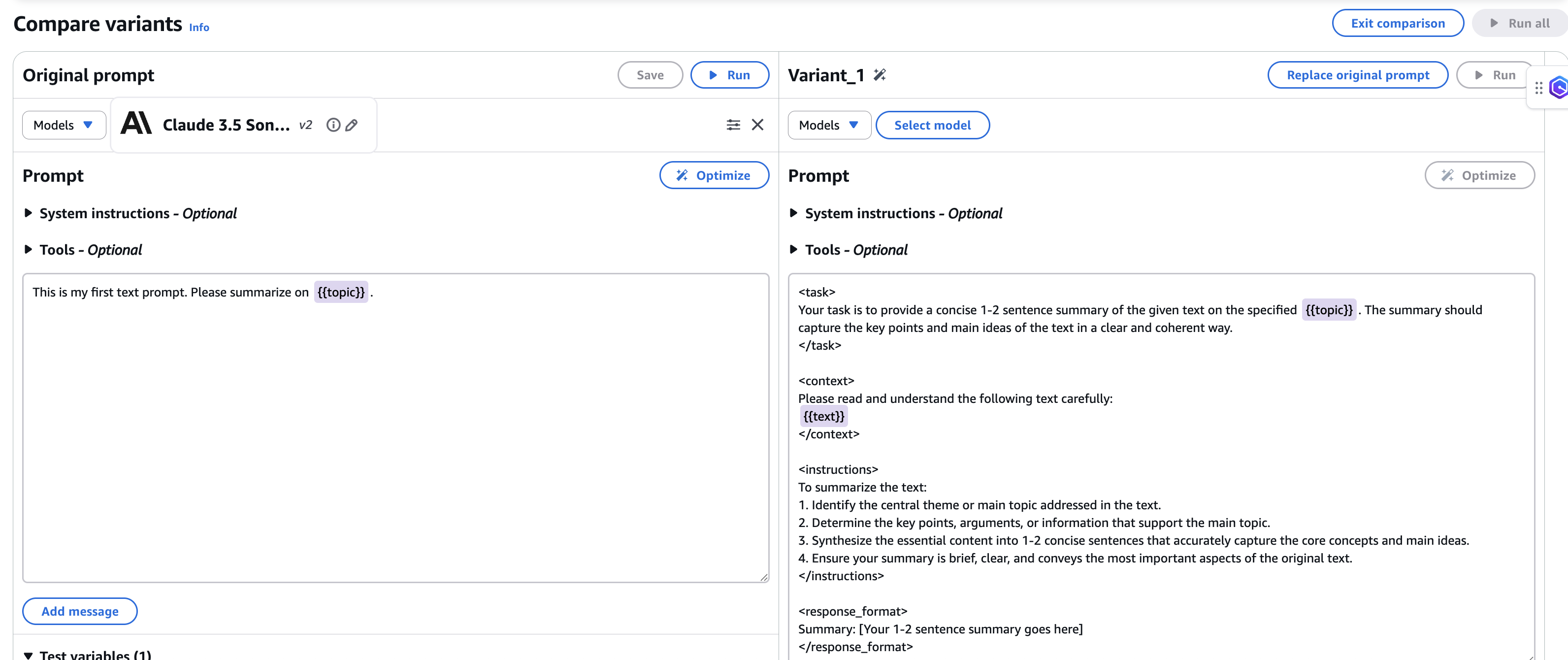 Side-by-side prompt comparison interface showing a simple original prompt versus an optimized Variant_1 with structured XML-style tags, task definitions, and response format templates using Claude 3.5 Sonnet.