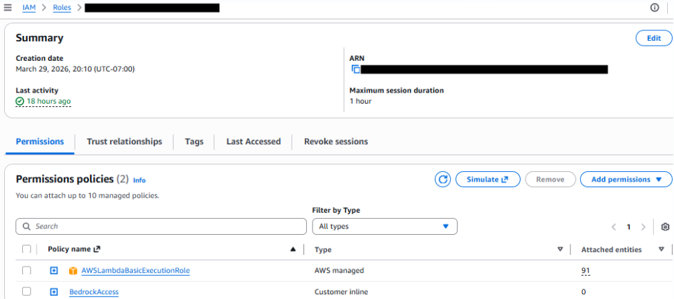 AWS IAM console showing role permissions with AWSLambdaBasicExecutionRole and BedrockAccess policies attached