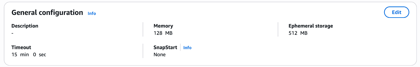AWS Lambda general configuration panel showing 128 MB memory, 512 MB ephemeral storage, and 15-minute timeout