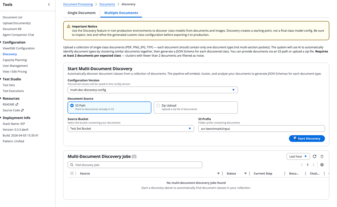 Screenshot of the AWS IDP Discovery console's Multiple Documents tab, showing the Start Multi-Document Discovery form configured with an S3 path source, "multi-doc-discovery-config" version, and an empty discovery jobs table.
