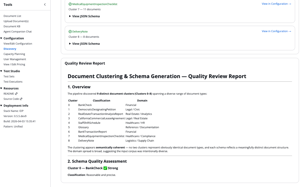 Screenshot of the AWS IDP Discovery Job results showing the last two discovered classes (MedicalEquipmentInspectionChecklist and DeliveryNote) followed by the Quality Review Report with an overview table of all 9 document clusters and the beginning of a schema quality assessment.