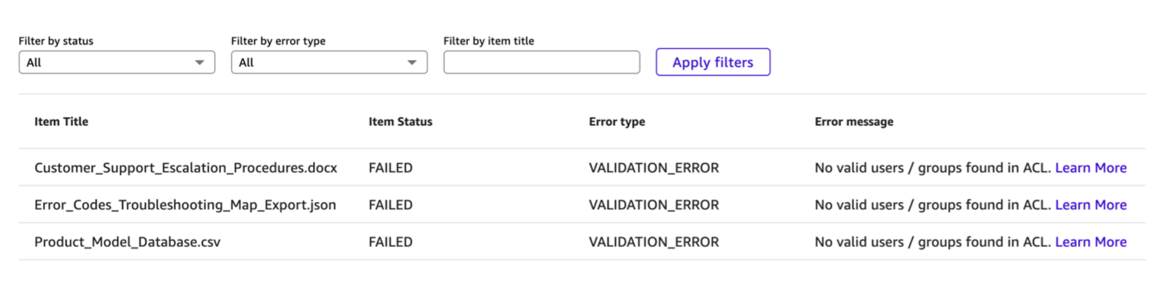 File upload error report in Amazon Quick showing three failed items (Customer_Support_Escalation_Procedures.docx, Error_Codes_Troubleshooting_Map_Export.json, and Product_Model_Database.csv) all with VALIDATION_ERROR status and "No valid users / groups found in ACL" error messages, with filter controls above.