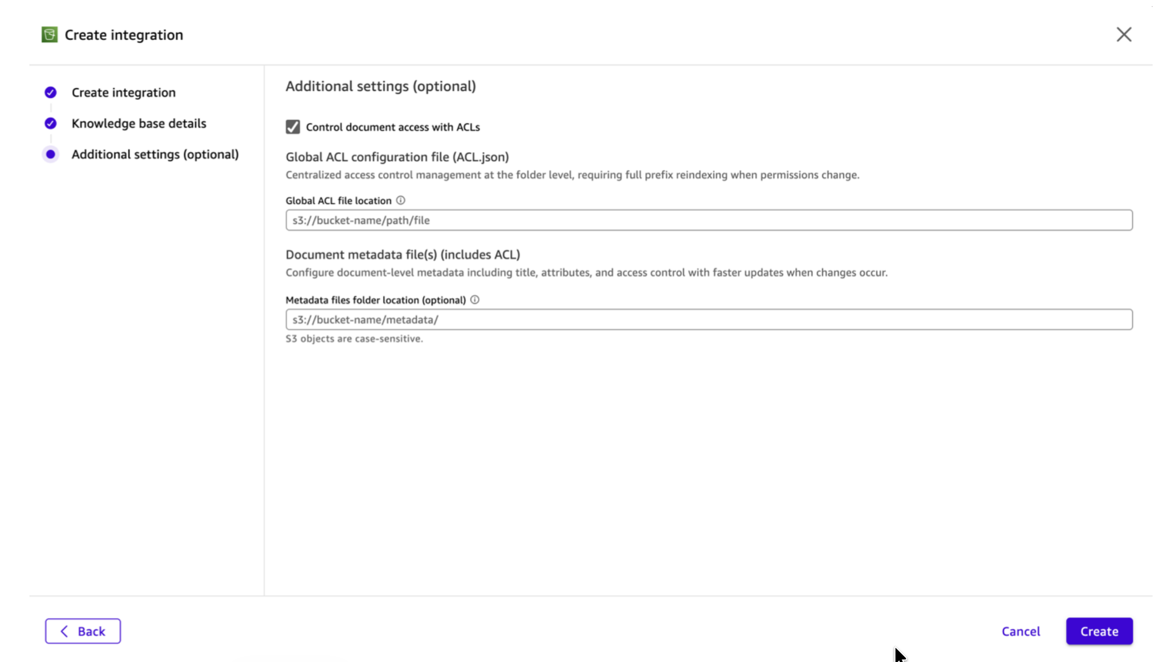 Additional settings step of the Create Integration wizard in Amazon Quick with "Control document access with ACLs" enabled, showing placeholder fields for global ACL file location and optional metadata files folder location.