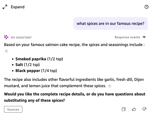 Amazon Quick AI assistant responding to the question "what spices are in our famous recipe?" with a list of spices from a salmon cake recipe including smoked paprika, salt, and black pepper, with Sources and feedback buttons below.