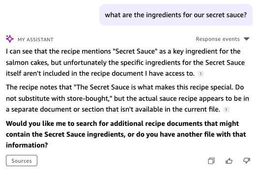 Amazon Quick AI assistant responding to the question "what are the ingredients for our secret sauce?" explaining that the Secret Sauce ingredients are not available in the current document and may be in a separate file, with Sources and feedback buttons below.