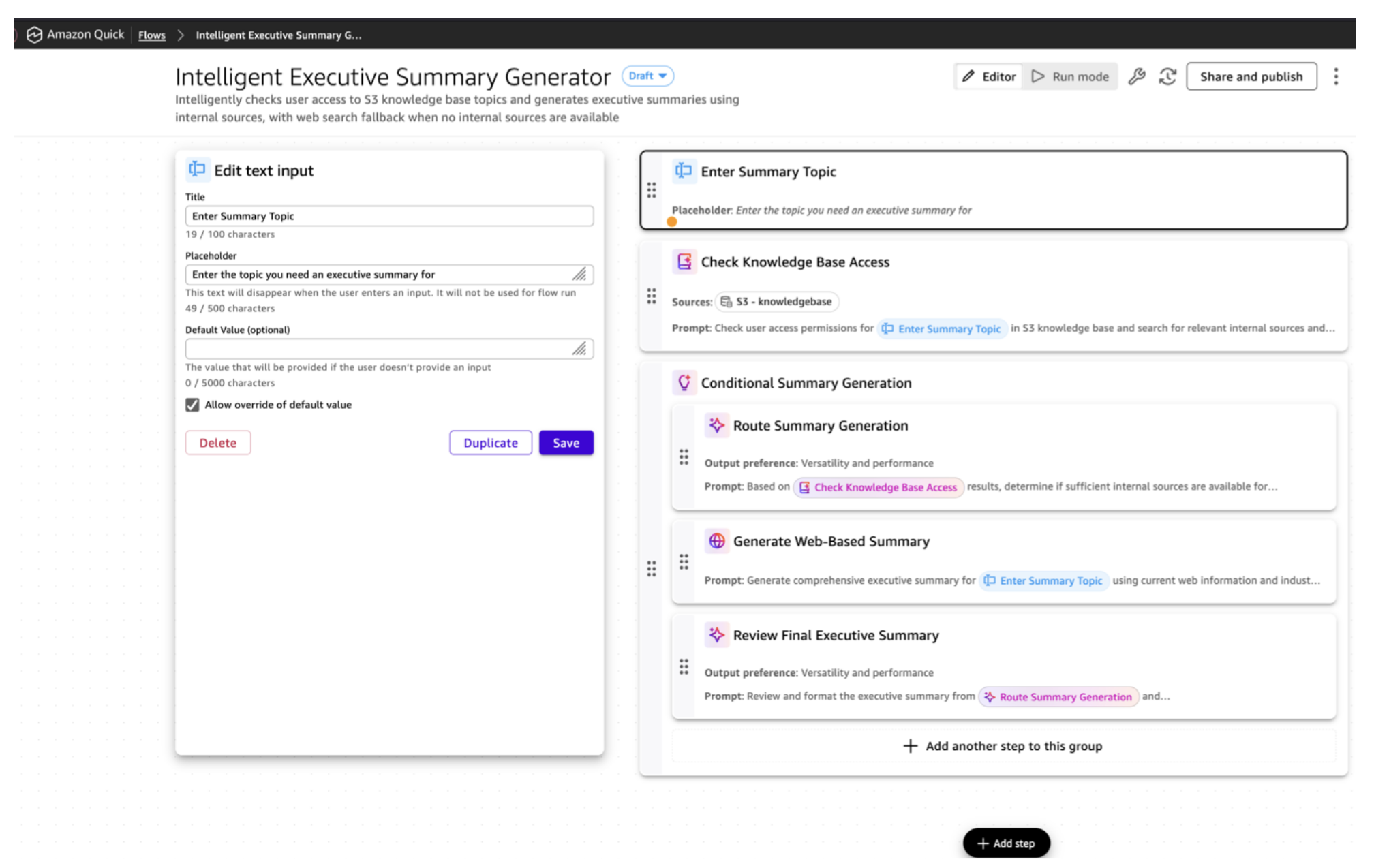 Amazon Quick Flows editor showing an "Intelligent Executive Summary Generator" workflow in draft mode, with a text input configuration panel on the left and a multi-step flow on the right including knowledge base access check, conditional routing, web-based summary fallback, and final review steps.