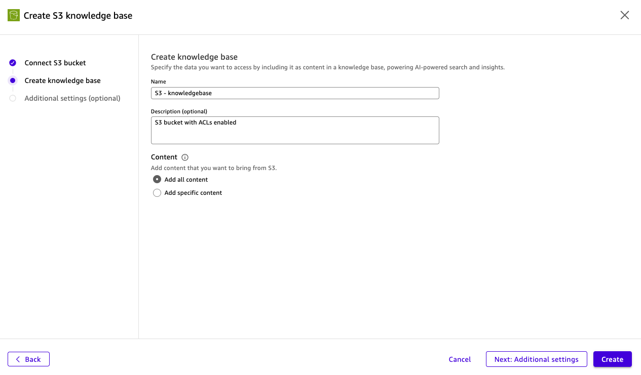 Step 2 of the Create S3 Knowledge Base wizard in Amazon Quick showing fields for name ("S3 - knowledgebase"), optional description ("S3 bucket with ACLs enabled"), and content selection with "Add all content" radio button selected.