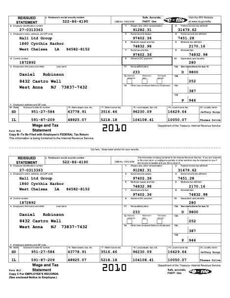 A sample W-2 form used for discharge testing