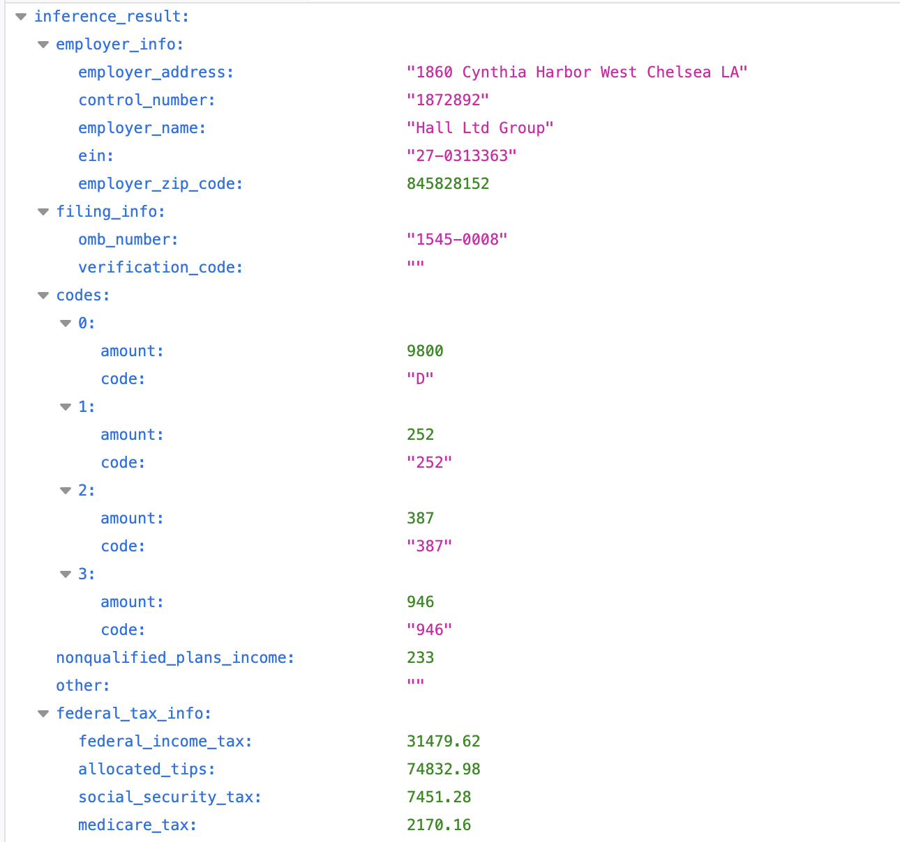 W-2 output results showing employer and employee information in JSON format