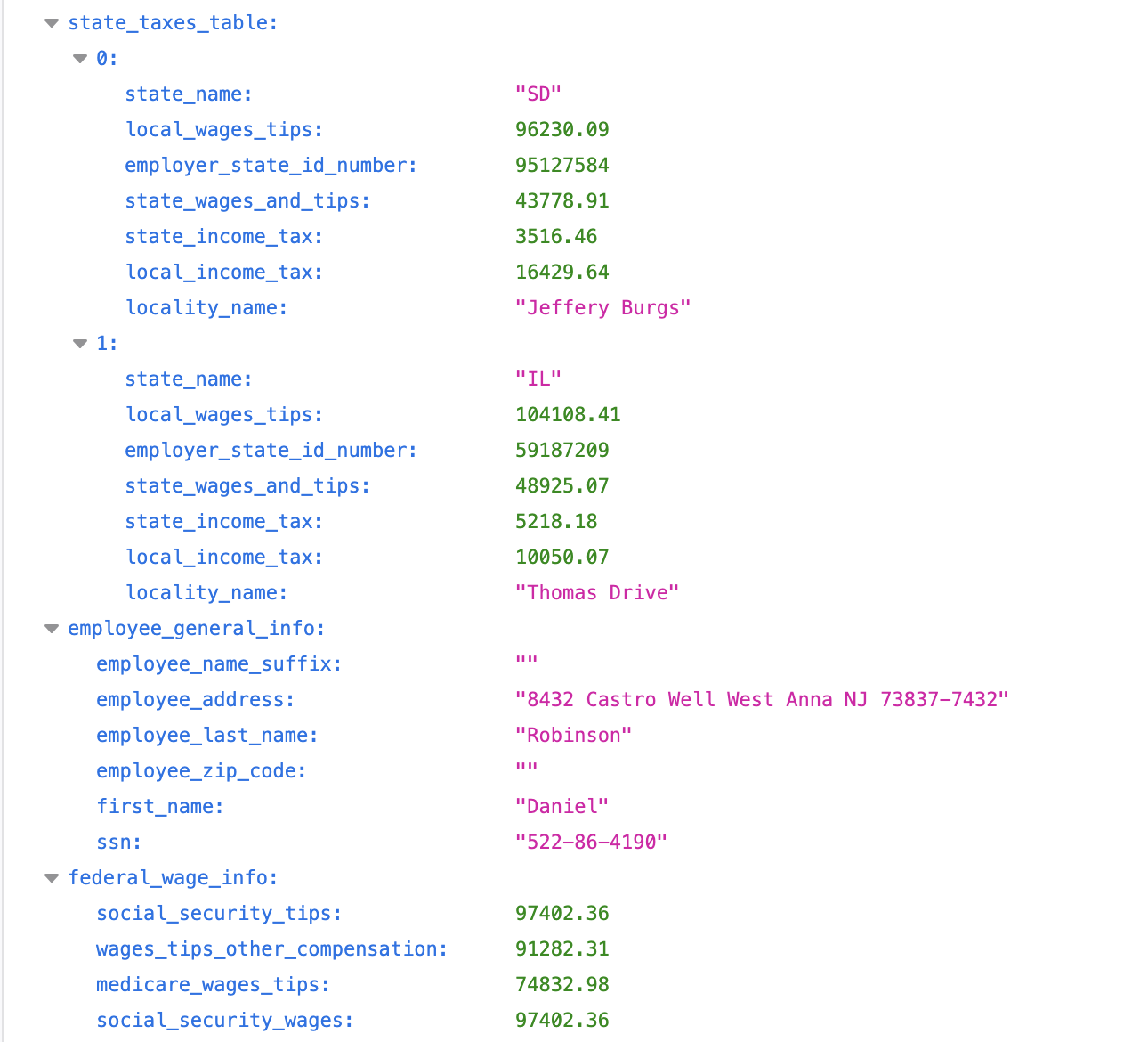 W-2 output results showing tax information and code information in JSON format