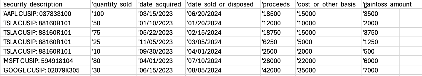 1099-B output results showing transaction details in CSV format
