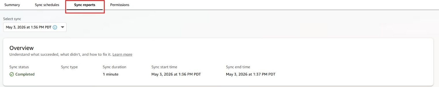 Screenshot of the 'Sync reports' tab (highlighted with a red border) on the My Confluence Knowledge Base page in Amazon Quick. A date selector shows 'May 3, 2026 at 1:36 PM PDT'. The Overview section displays Sync status: Completed, Sync type: 1 minute, Sync start time: May 3, 2026 at 1:36 PM PDT, and Sync end time: May 3, 2026 at 1:37 PM PDT. This image shows how to review sync report details for a Confluence knowledge base in Amazon Quick.