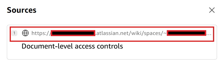 Screenshot of a Sources citation panel in Amazon Quick's AI assistant, shown after clicking a citation reference. The panel displays Source 1 as a Confluence URL (redacted) with the document title 'Document-level access controls', confirming the AI response was sourced from the connected Confluence knowledge base. An X button is visible to close the panel. This image shows how Amazon Quick attributes AI responses to specific Confluence source documents.
