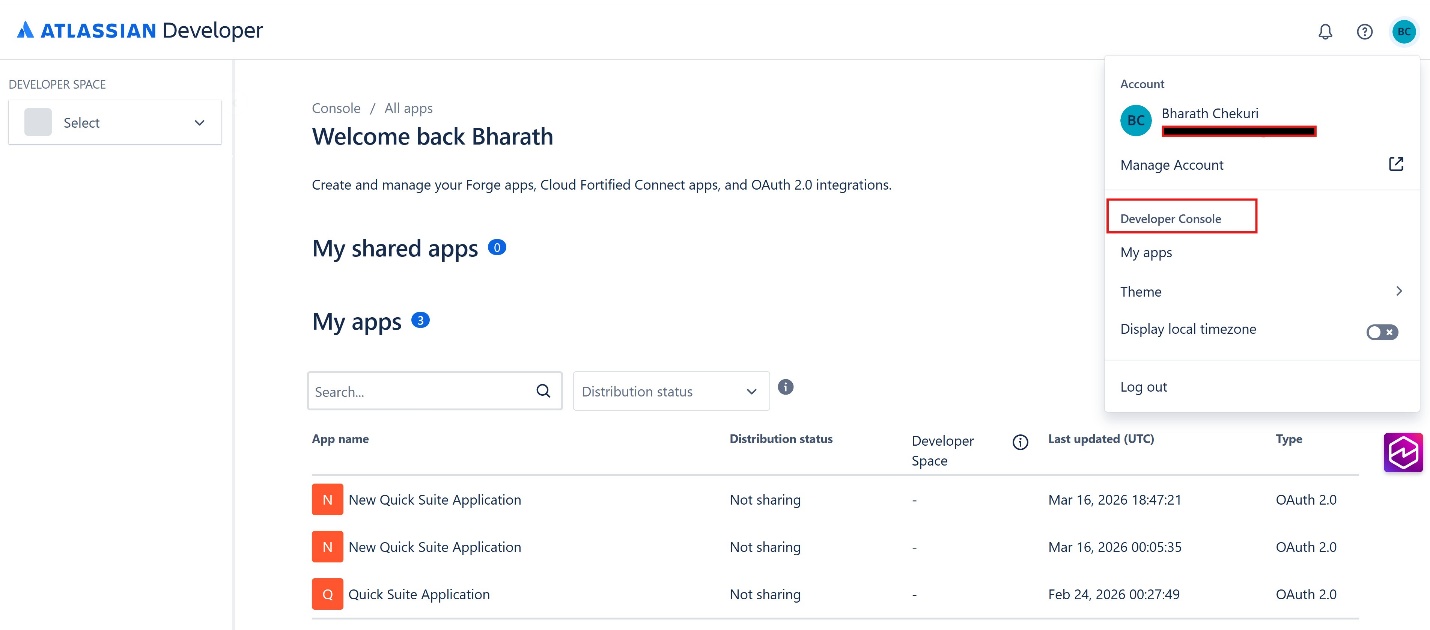 Screenshot of the Atlassian Developer Console showing the 'All apps' page for user Bharath Chekuri. The page displays 'My shared apps (0)' and 'My apps (3)' sections. Three apps are listed: two named 'New Quick Suite Application' (OAuth 2.0, Not sharing) and one 'Quick Suite Application' (OAuth 2.0, Not sharing). An account dropdown menu is open in the top-right showing options including Manage Account, Developer Console (highlighted with red border), My apps, Theme, Display local timezone, and Log out. This image shows the Atlassian Developer Console used to manage OAuth apps for Amazon Quick integration.