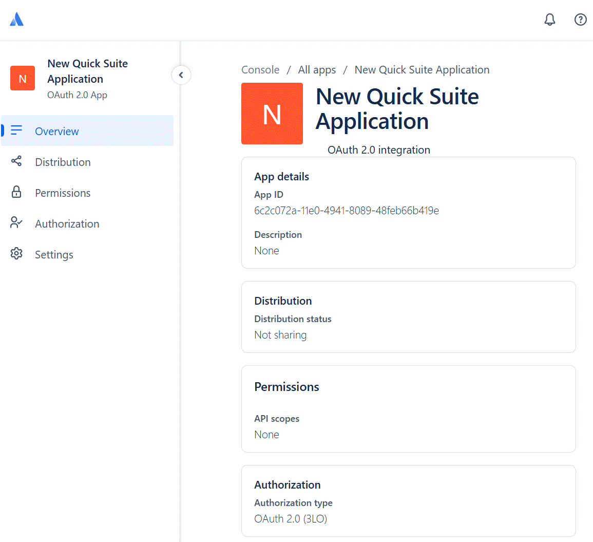 Screenshot of the Atlassian Developer Console showing the Overview page for the newly created 'New Quick Suite Application' OAuth 2.0 app. The page displays App details (App ID shown), Distribution status (Not sharing), Permissions (API scopes: None), and Authorization type (OAuth 2.0 (3LO)). The left navigation sidebar shows Overview (active), Distribution, Permissions, Authorization, and Settings sections. This image confirms the successful creation of a new OAuth 2.0 app in Atlassian for Amazon Quick integration.